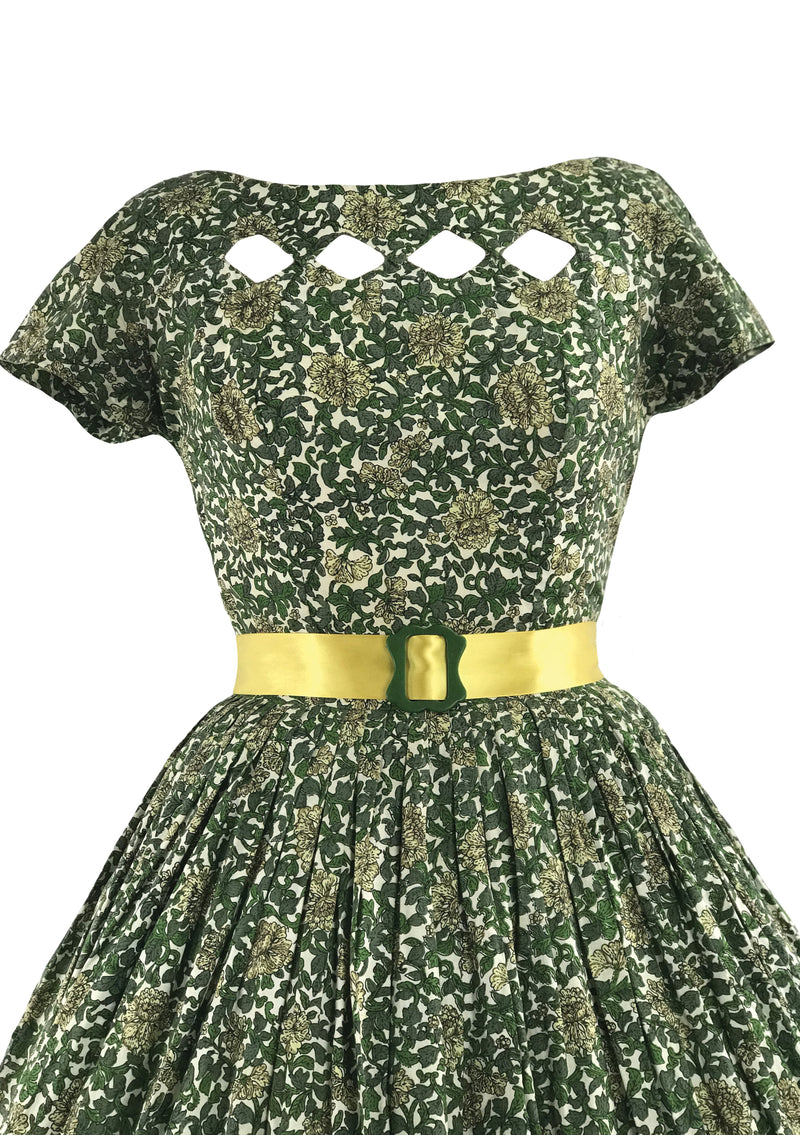 Vintage 1950s Green Floral Scrollwork Cotton Dress - New!