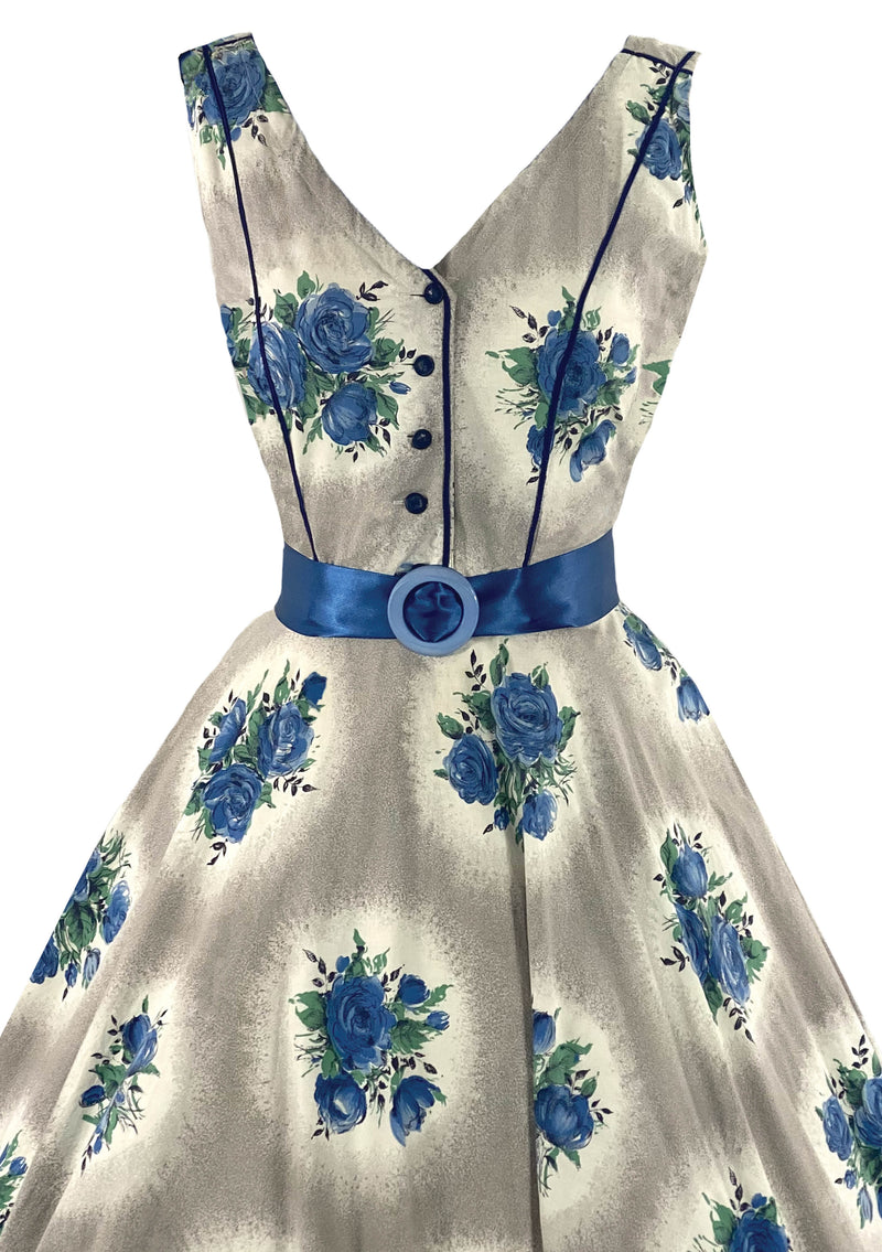 Vintage 1950s Blue Cameo Roses Cotton Dress- New!