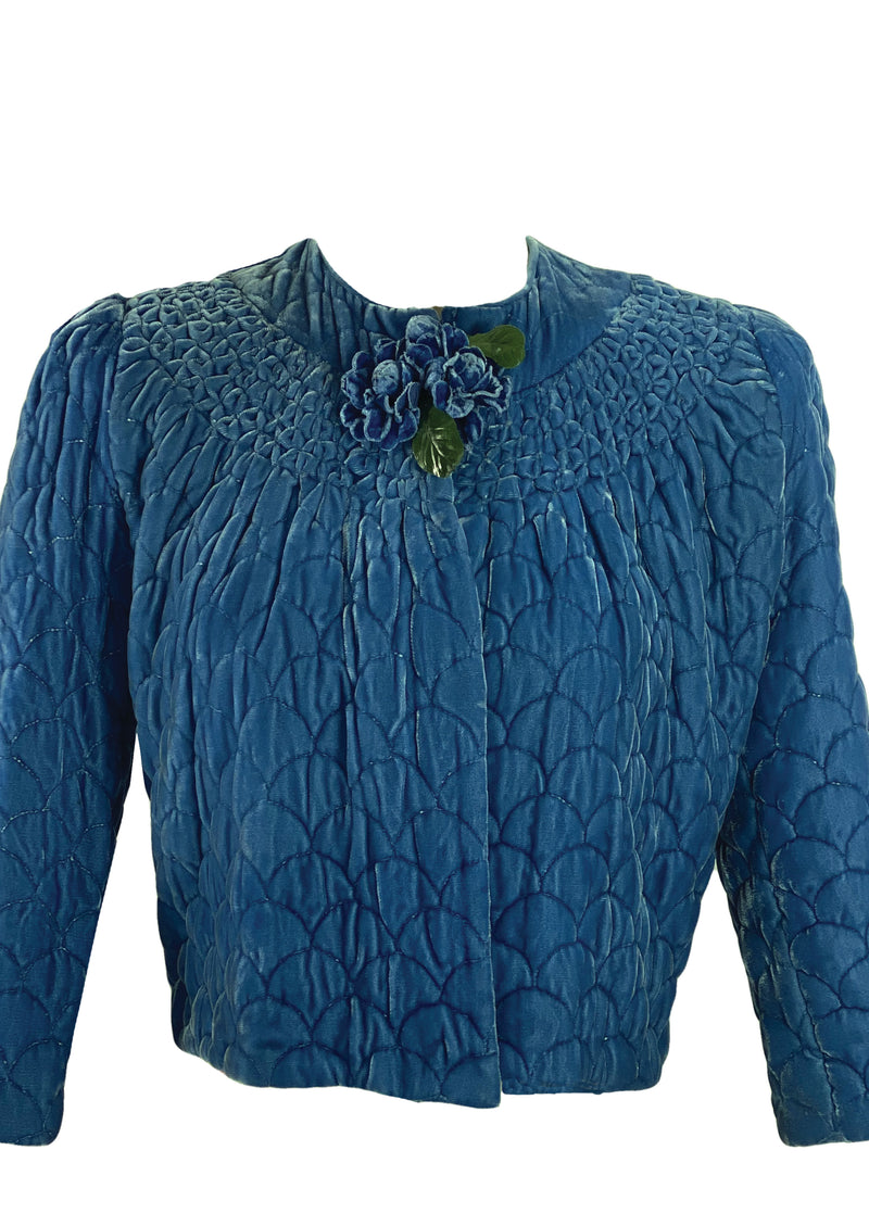 Vintage 1940s Quilted Blue Silk Velvet Jacket- New!