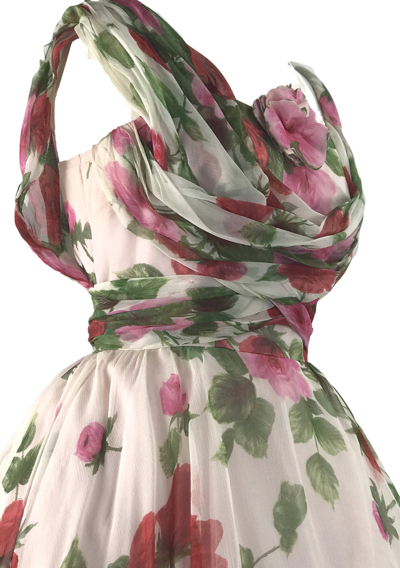 1950s Pink Roses Draped Chiffon Party Dress  - New! (ON HOLD)