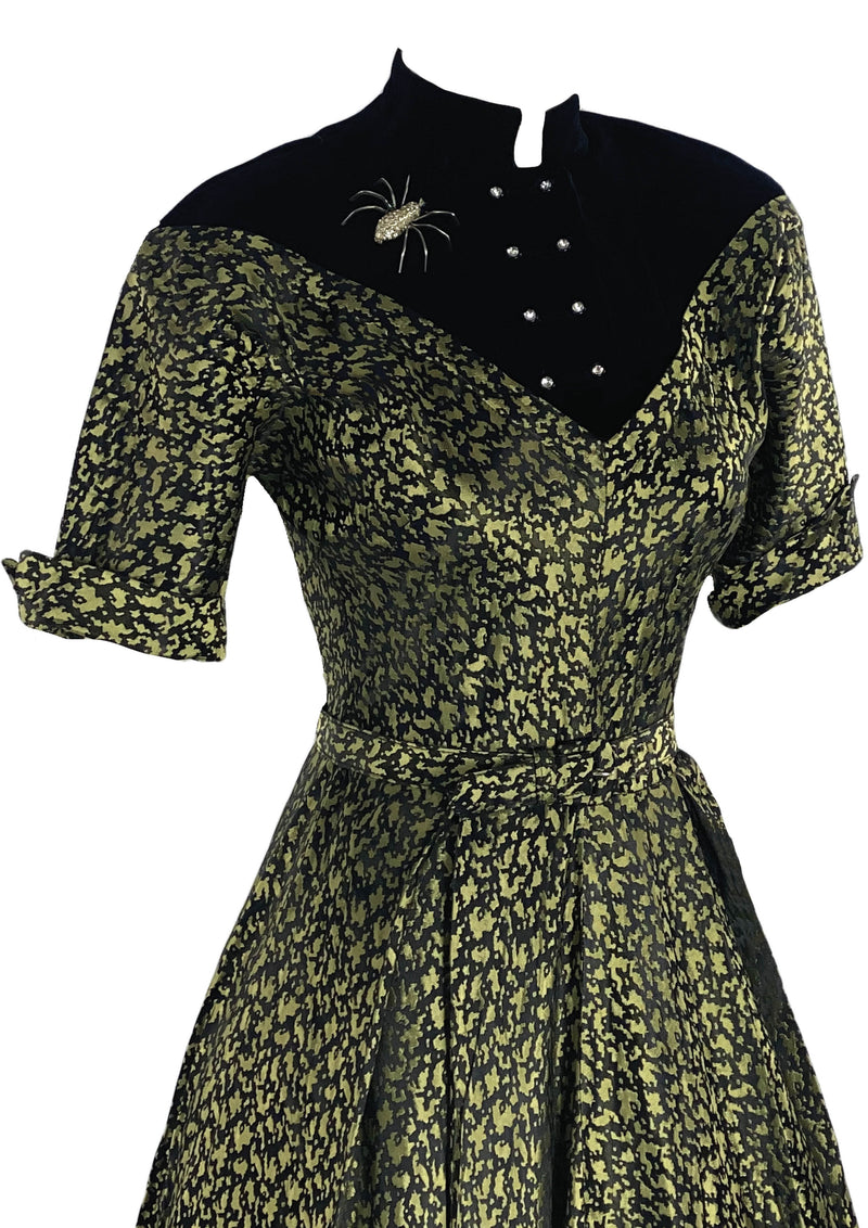 1940s Black and Gold Print Dress with Velvet Accents- New!