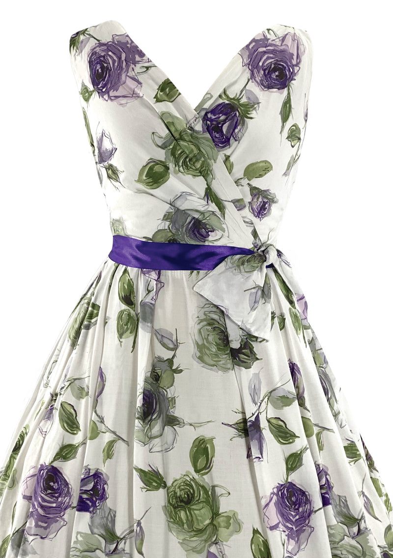 Beautiful Late 1950s to Early 1960s Lavender Roses Cotton Designer Dress- New!