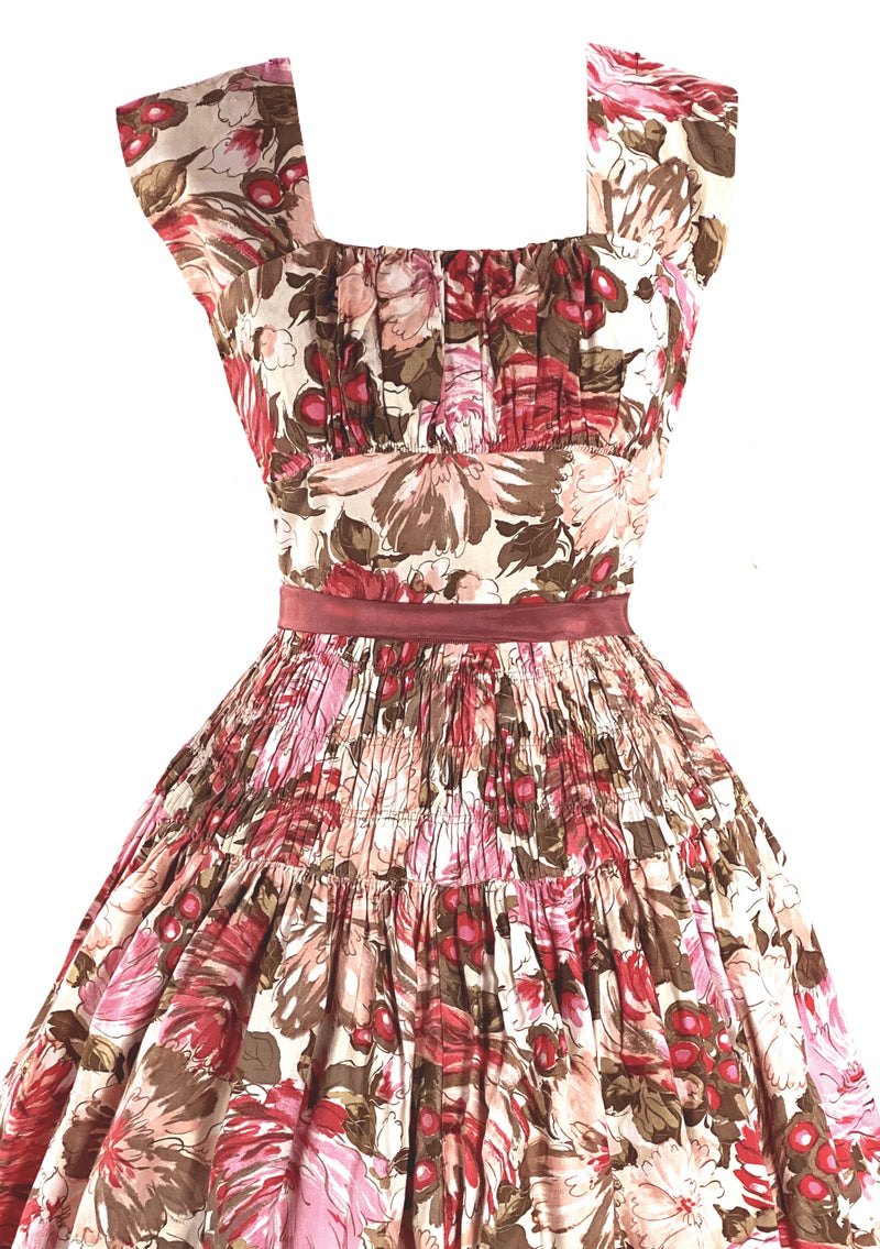 Vintage 1950s Pink Novelty Floral Cotton Dress- New!