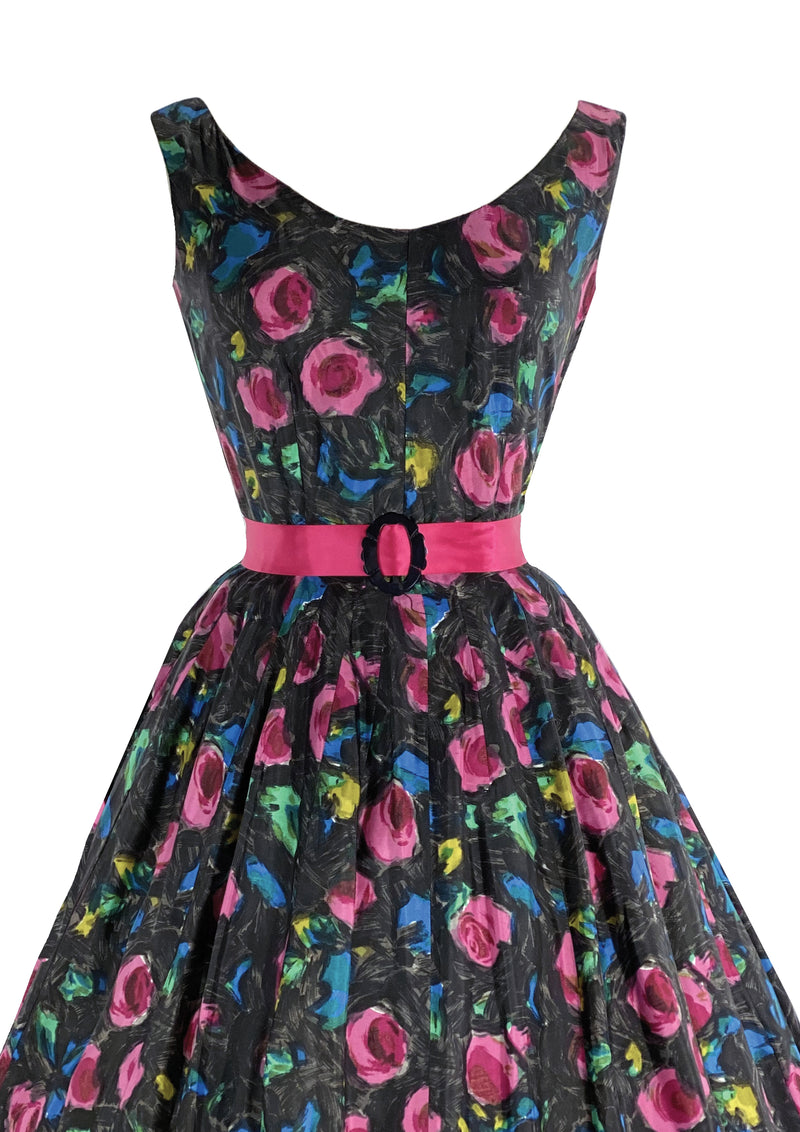 1950s Dark Pink Roses Sambo Fashions Dress - New!