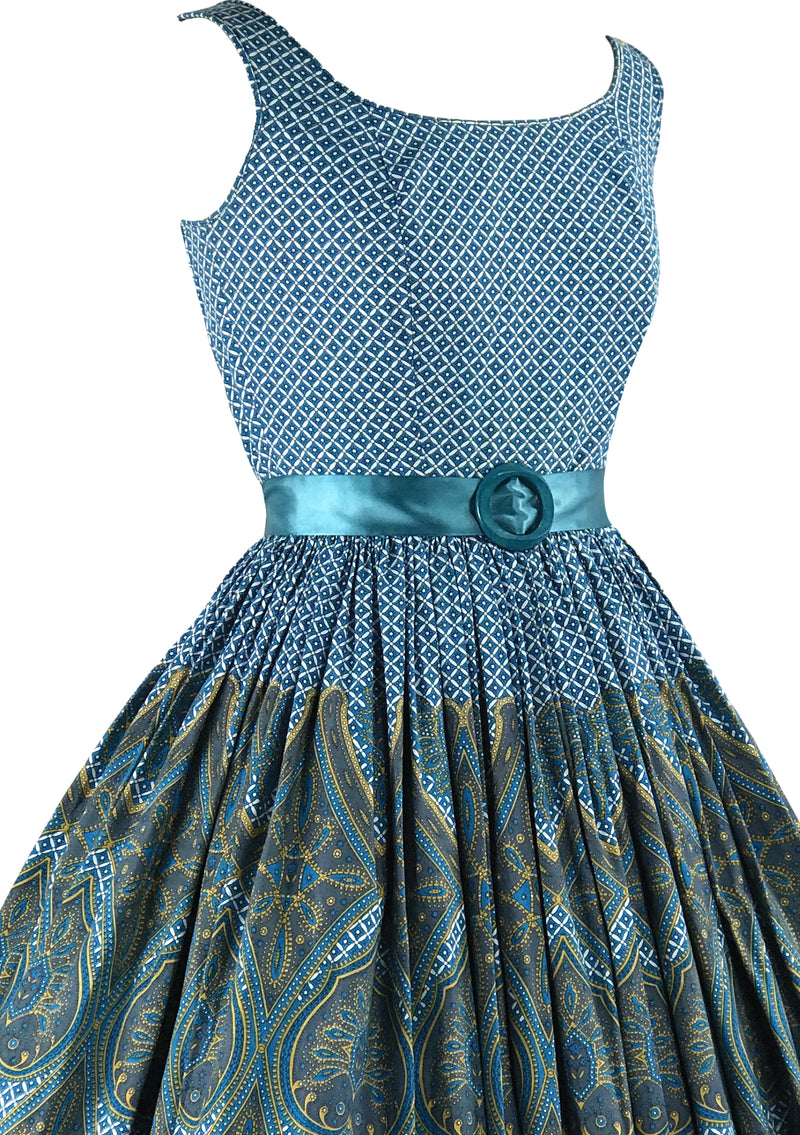 Stunning 1950s Blue Geometric Paisley Border Print Dress- New!