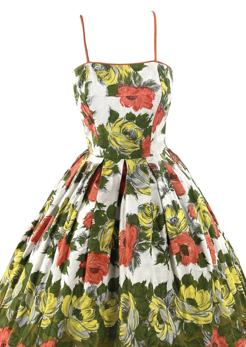 Vintage 1950s Golden and Tangerine Roses Cotton Dress - New!