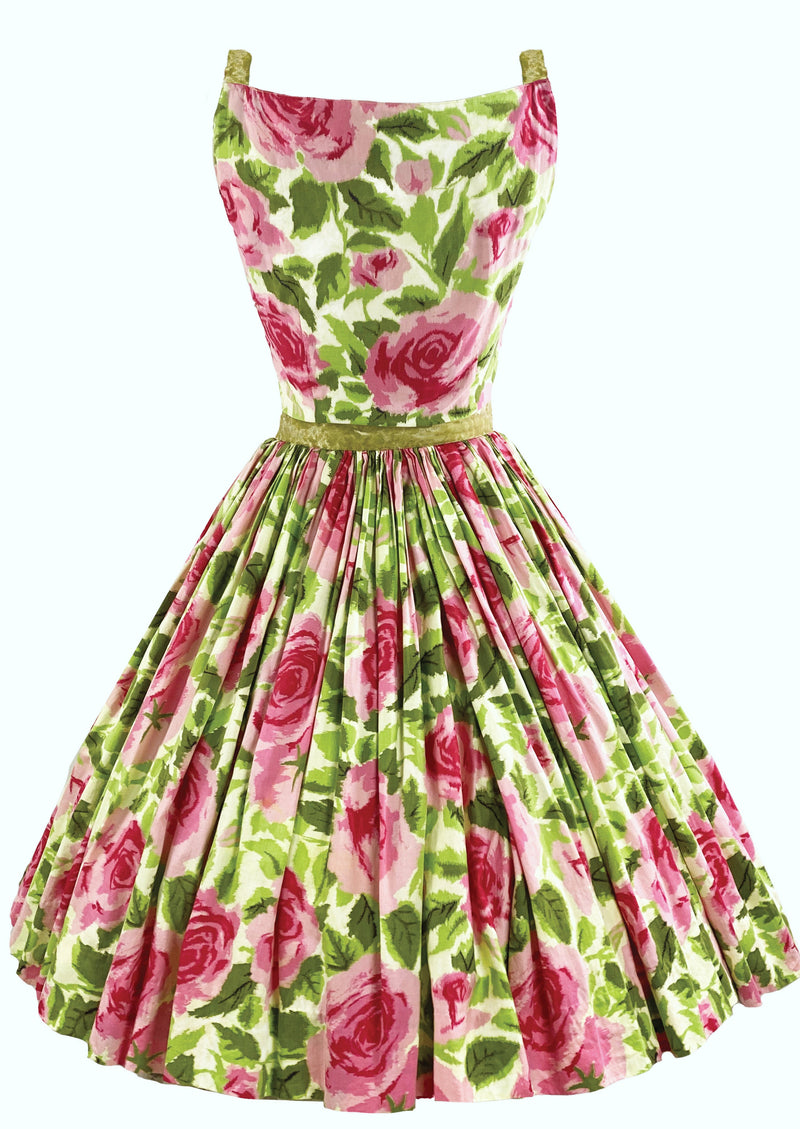 Vintage 1950s Full Blown Pink Roses Print Cotton Dress - NEW!