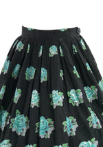 Lovely 1950s Turquoise Roses on Black Cotton Skirt- New!