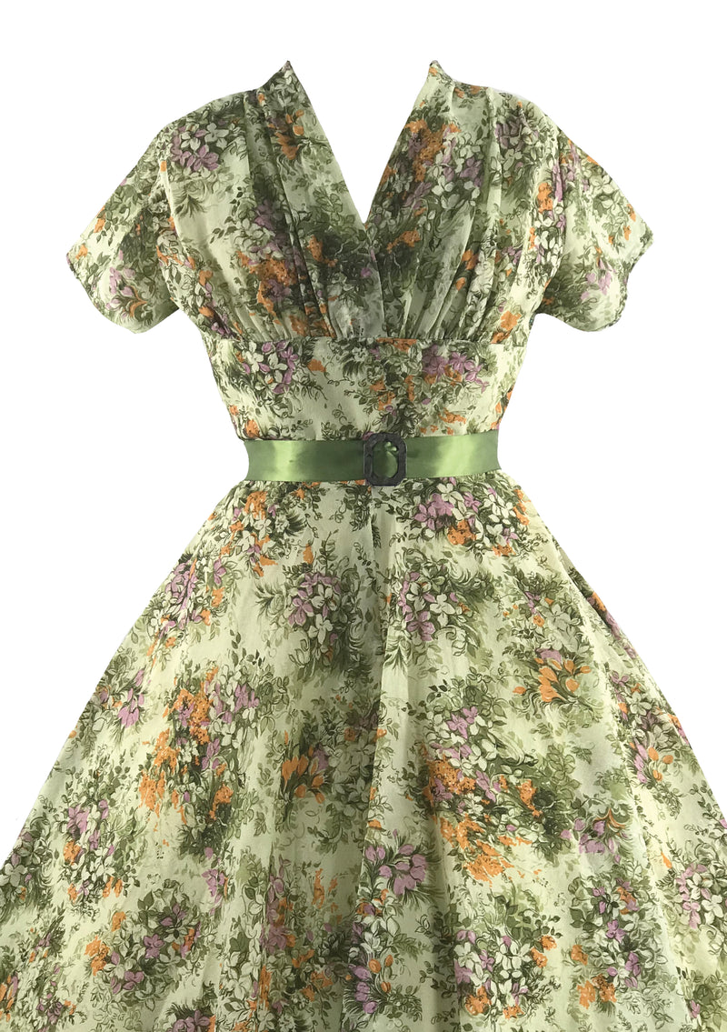 Beautiful 1950s Green Floral Plisse Dress - New!