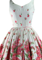 Vintage 1950s Glazed Cotton Pink Floral Border Dress  - New!