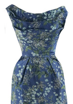 Sensational 1950s Draped Blue Floral Silk Cocktail Dress - New!