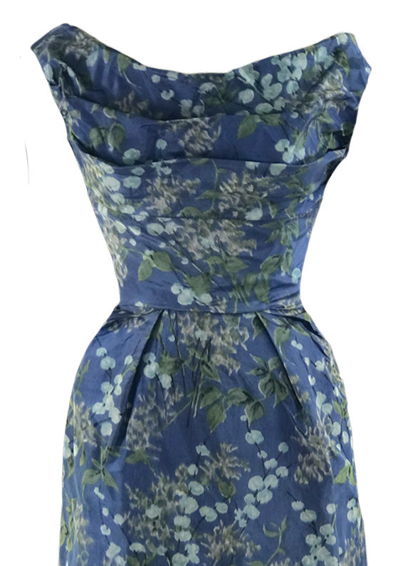 Sensational 1950s Draped Blue Floral Silk Cocktail Dress - New!