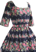 Vintage 1950s Floral Garland Navy Cotton Dress- New!