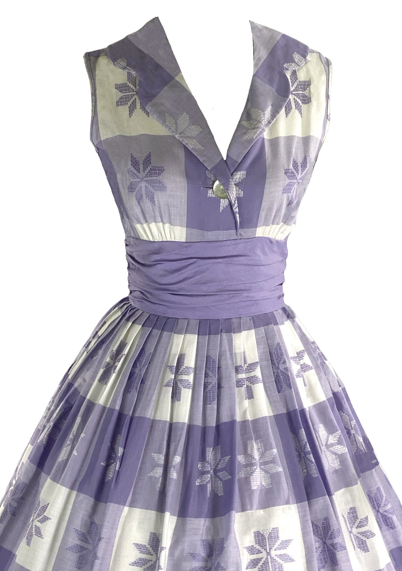 Vintage 1950s Lavender and White Floral Check Dress- New!