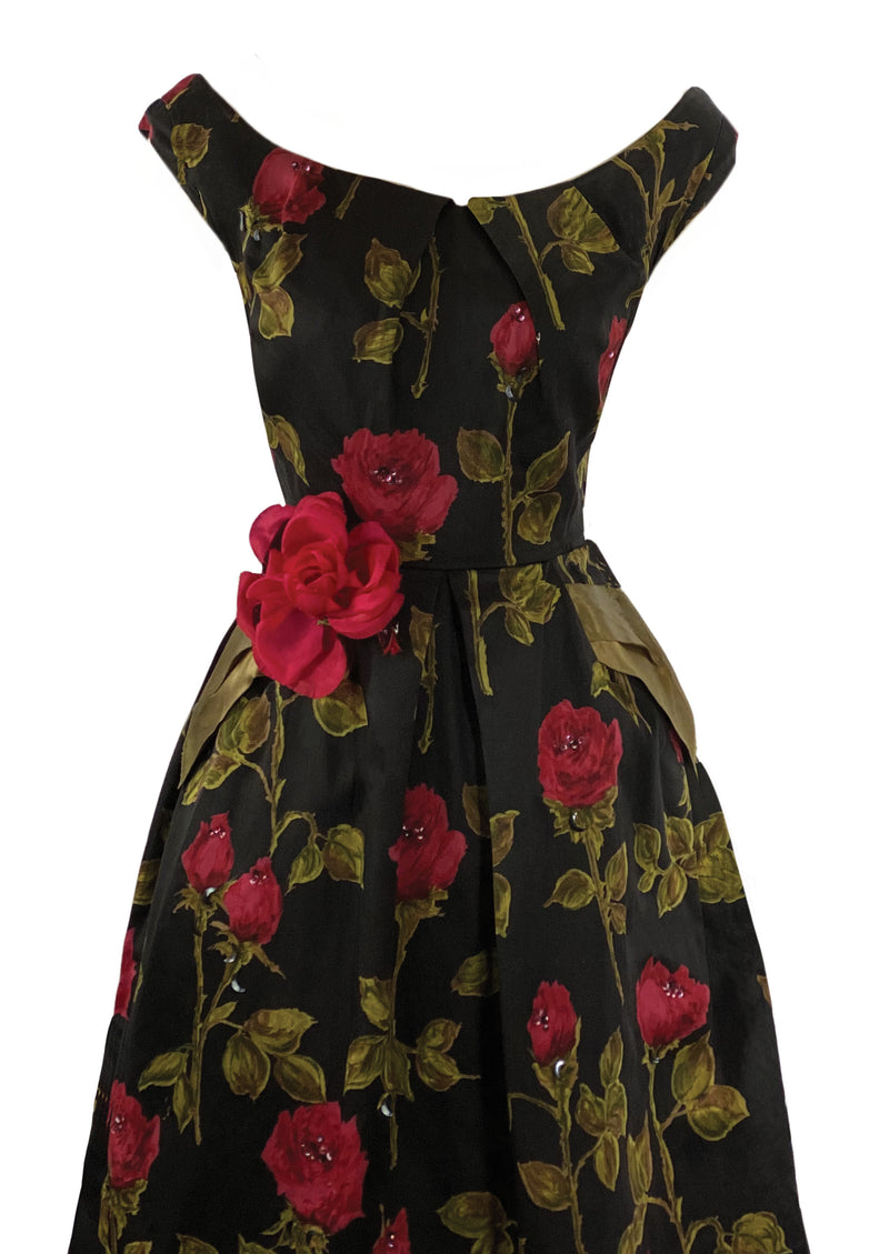 Vintage 1950s Designer Raoul Couture Red Roses Dress- New!