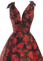 Late 1950s Early 1960s Red Floral Silk Designer Party Dress- New!