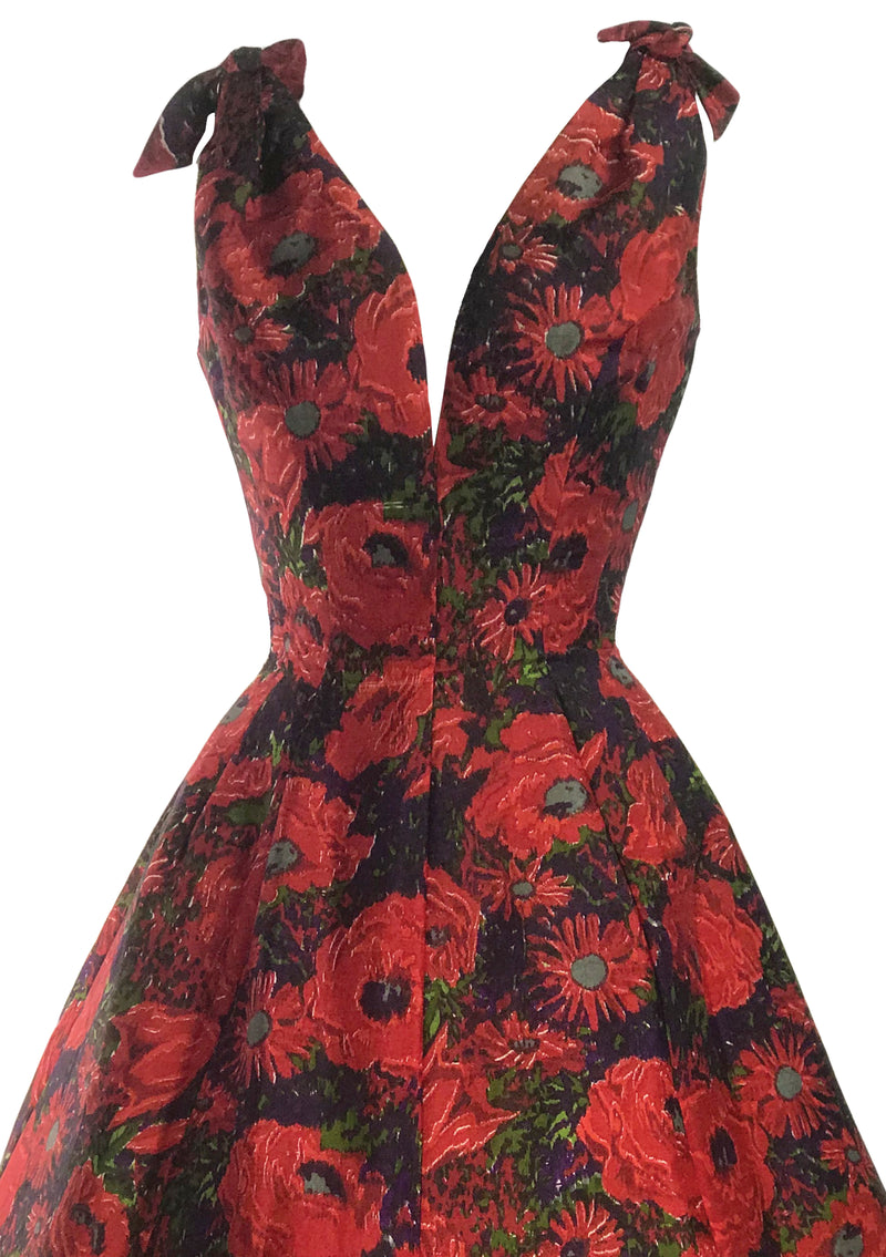 Late 1950s Early 1960s Red Floral Silk Designer Party Dress- New!