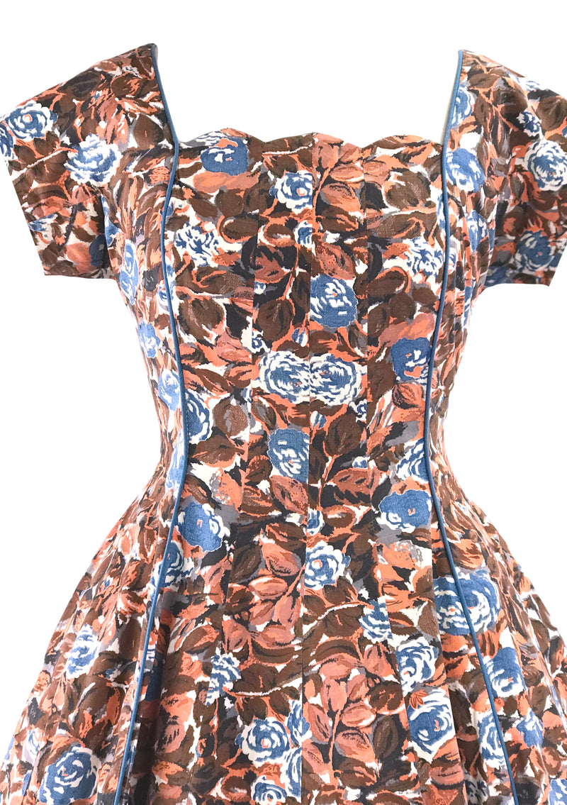 Vintage 1950s Blue Roses with Russet Leaves Cotton Dress- New!