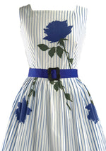 1950s Vivid Blue Roses and Stripes Cotton Dress - New! (ON HOLD)