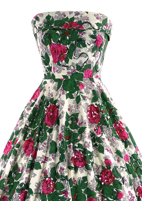 Knockout 1950s Magenta Roses Cotton Dress - New!