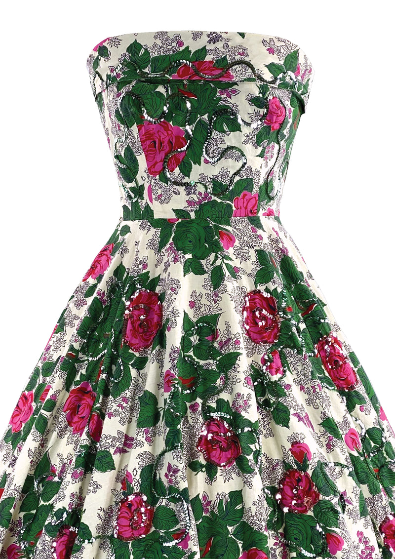 Knockout 1950s Magenta Roses Cotton Dress - New!