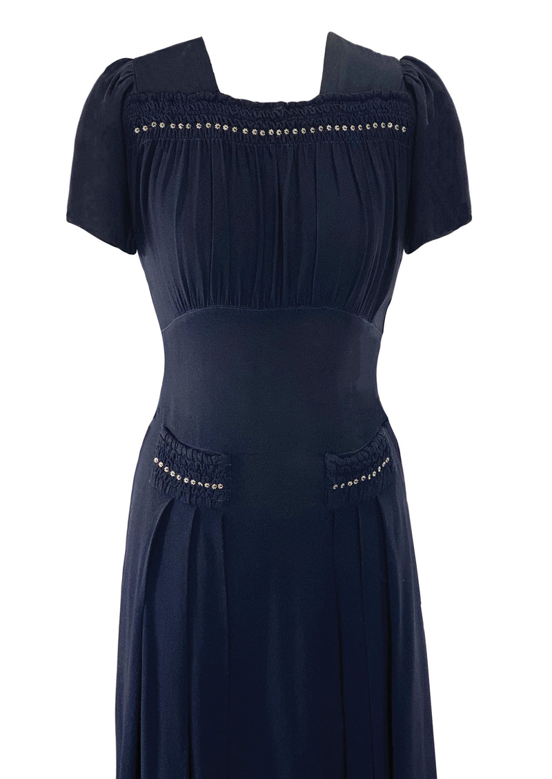 Beautiful Early 1940s Navy Blue Crepe Studded Dress - New! Coutura Vintage Beautiful Early 1940s Navy Blue Crepe Studded Dress - New! Coutura Vintage