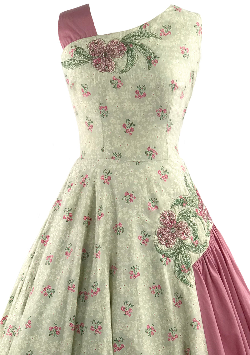 Amazing 1950s Pink Floral Applique Cotton Dress- New!