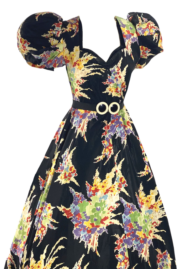 Vintage Early 1940s Colourful Abstract Bouquets Maxi Gown - New!