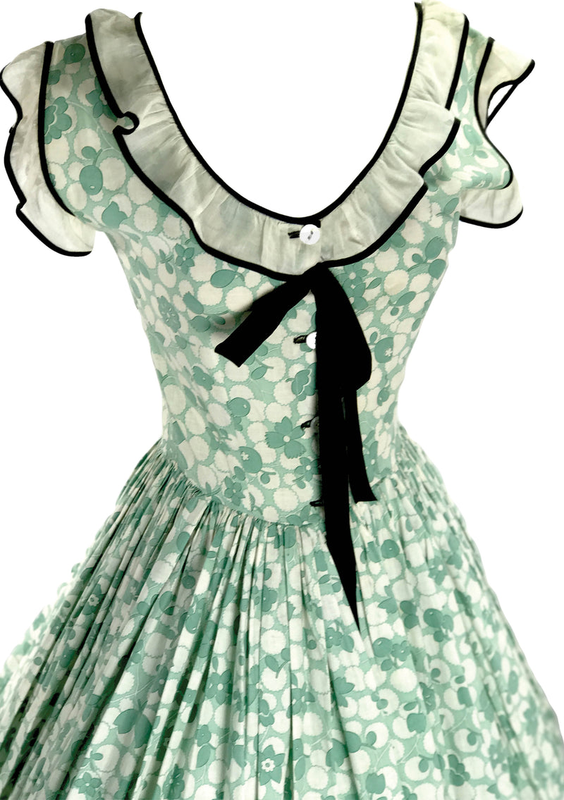 Late 1930s Early 1940s Green & White Floral Cotton Dress  - New!