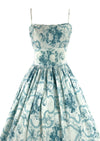 Vintage 1950s Blue Roses Scroll Cotton Sundress- New!
