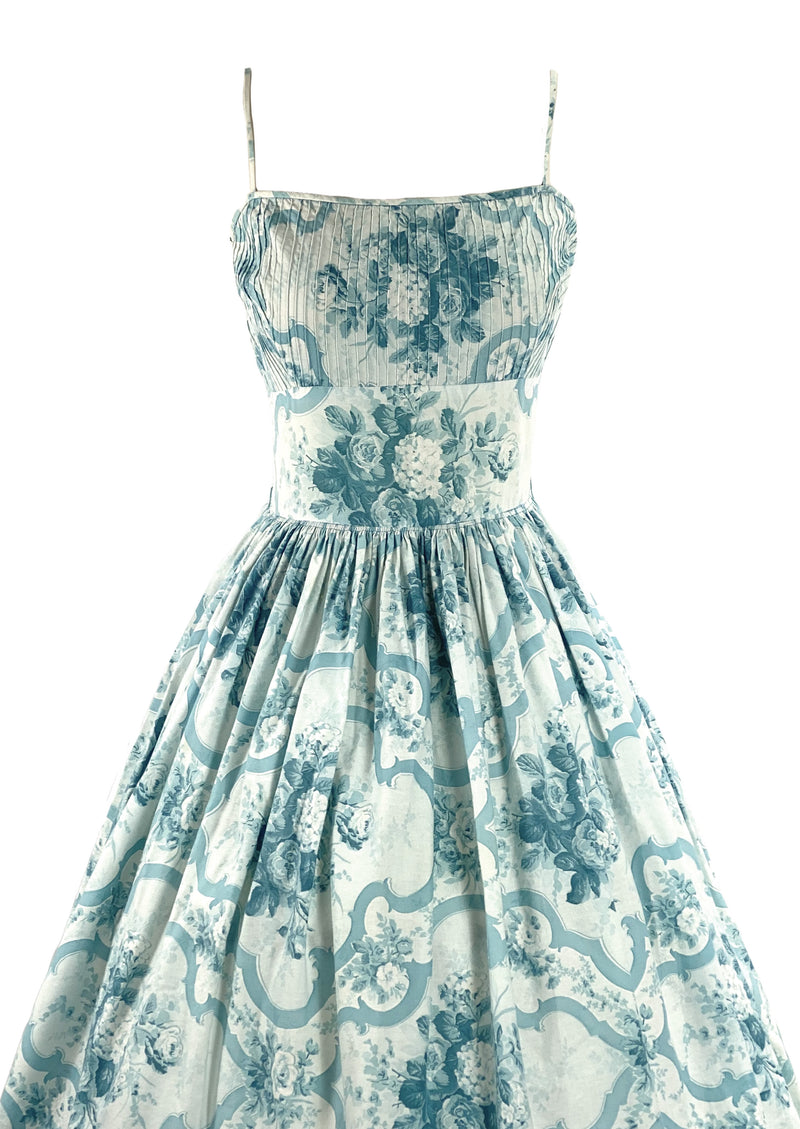 Vintage 1950s Blue Roses Scroll Cotton Sundress- New!