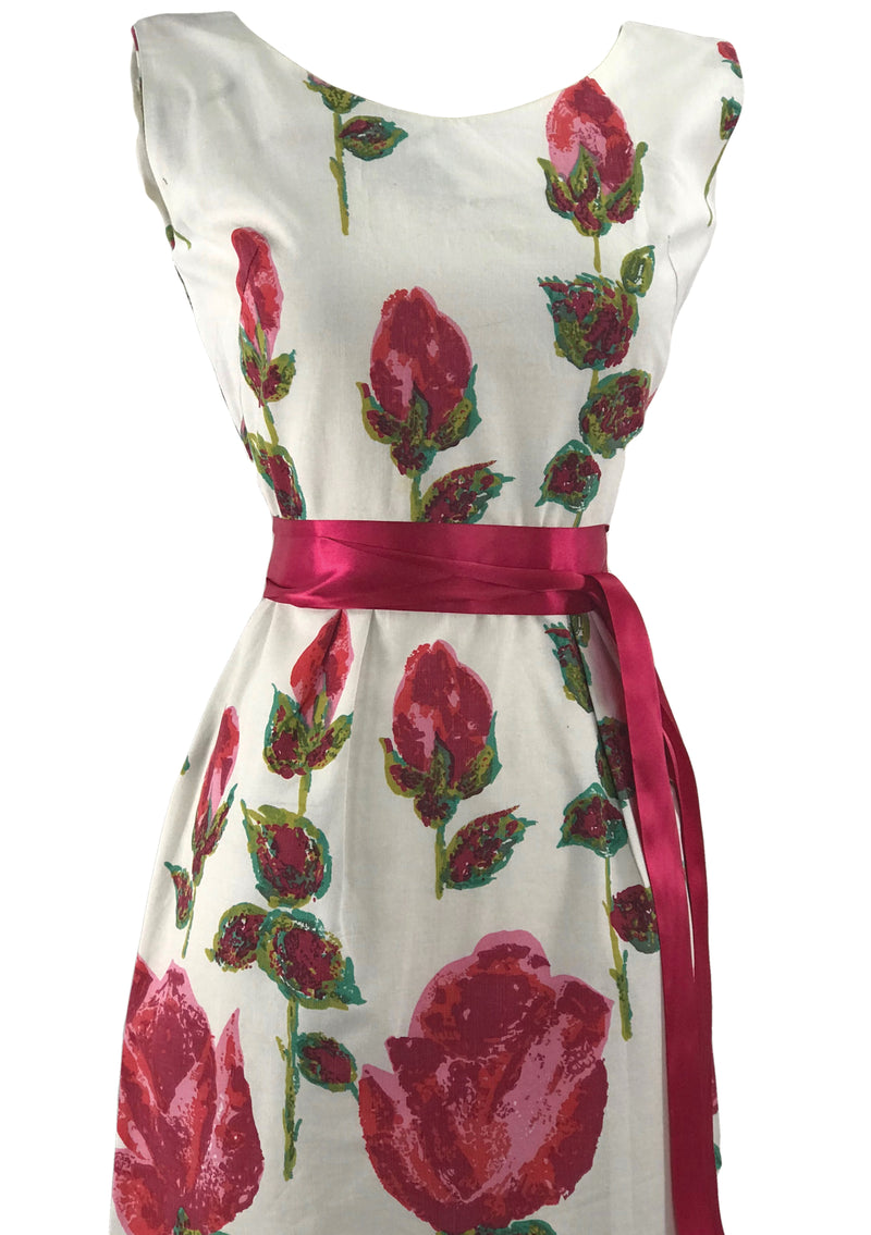 Stunning 1960s Huge Magenta Stem Roses Wiggle Dress - New!