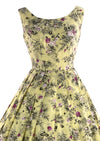 1950s Creamy Buttercup Yellow Cotton Dress with Rose Print- New!