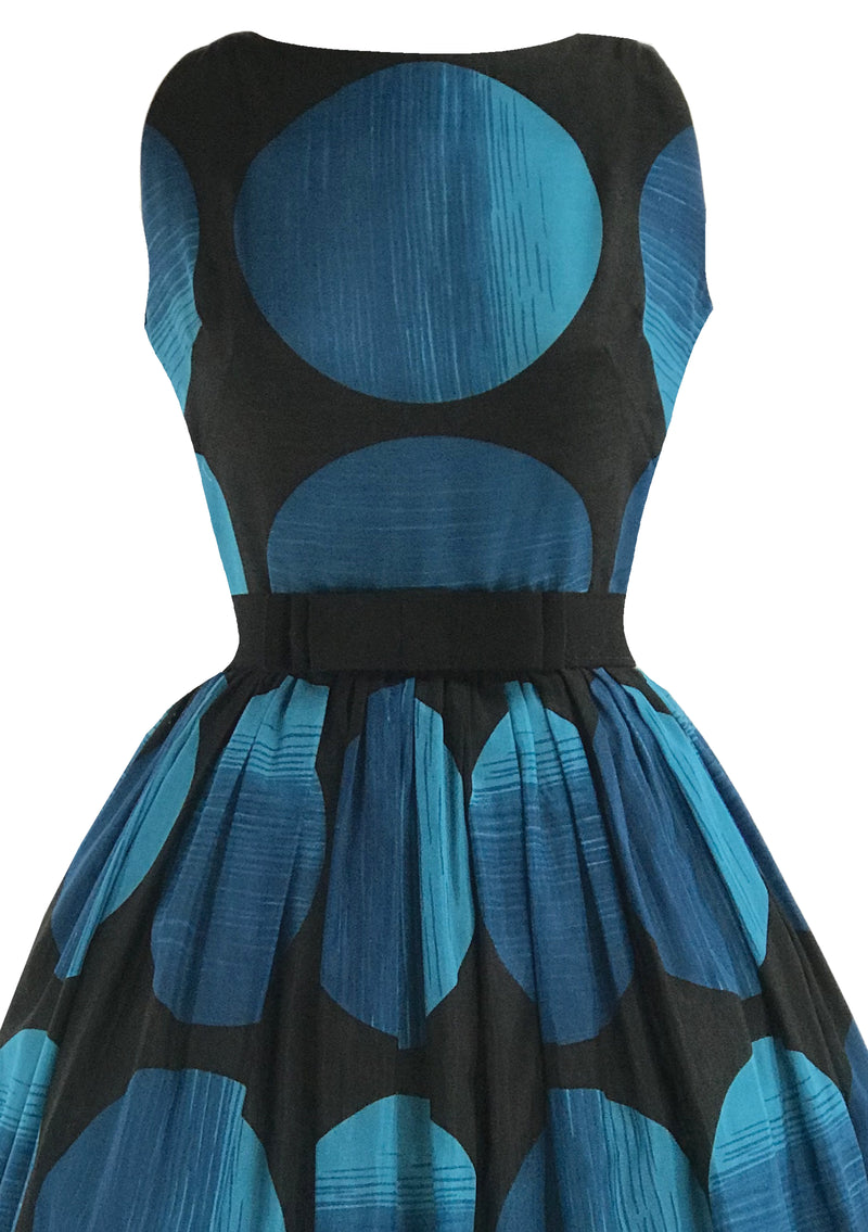 Vintage 1950s Vibrant Blue and Black Dot Dress- New!