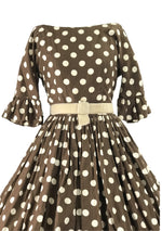 Late 1950s Cocoa Polka Dot Cotton Dress - New!