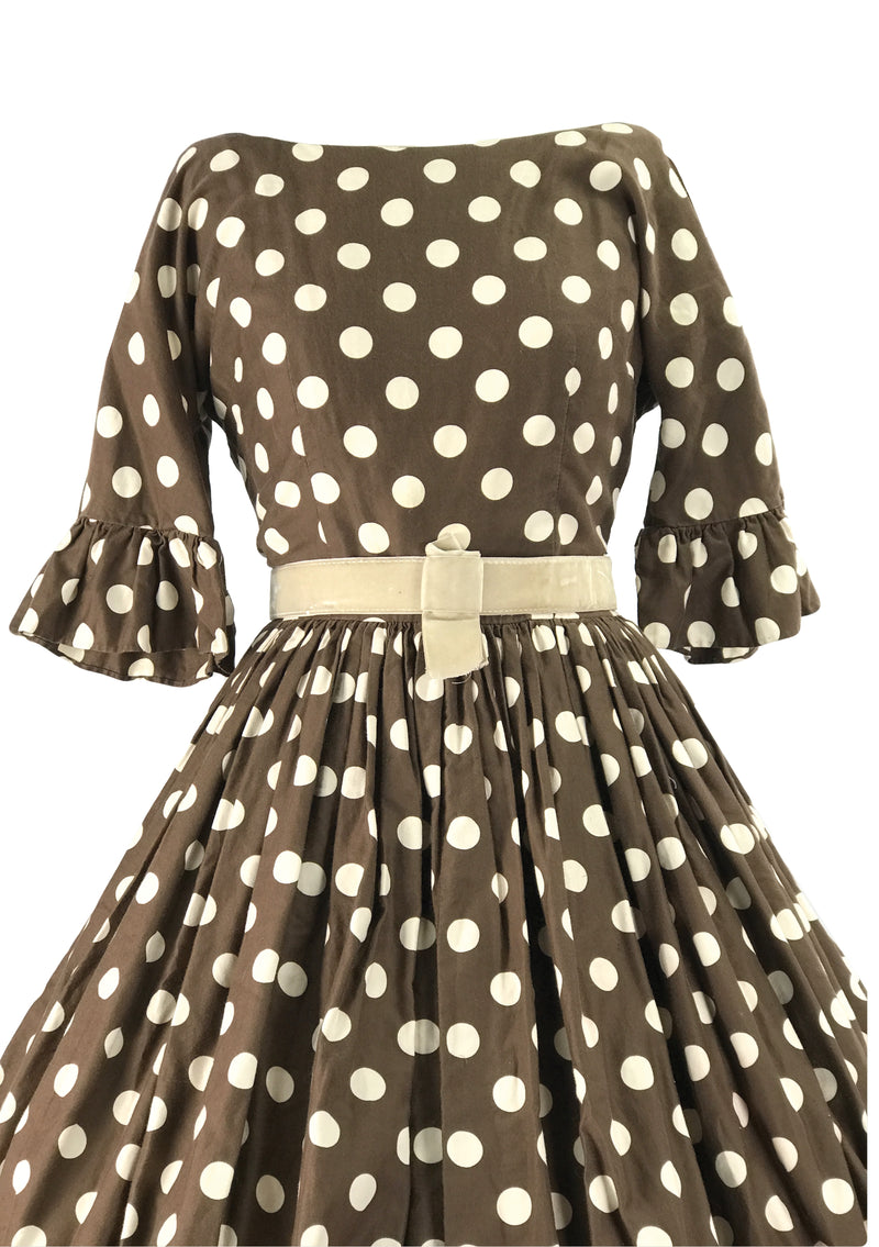 Late 1950s Cocoa Polka Dot Cotton Dress - New!