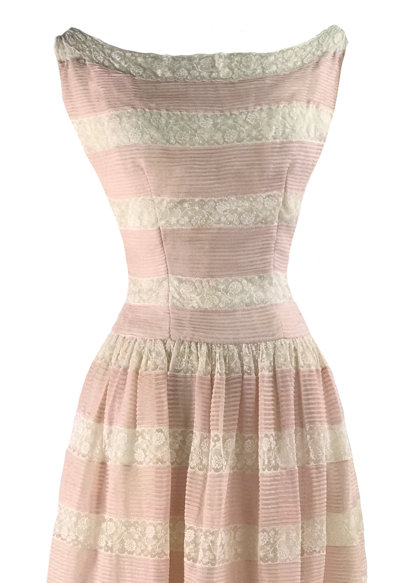 Dreamy 1950s Pink & White Lace & Pin Tucks Dress - New!