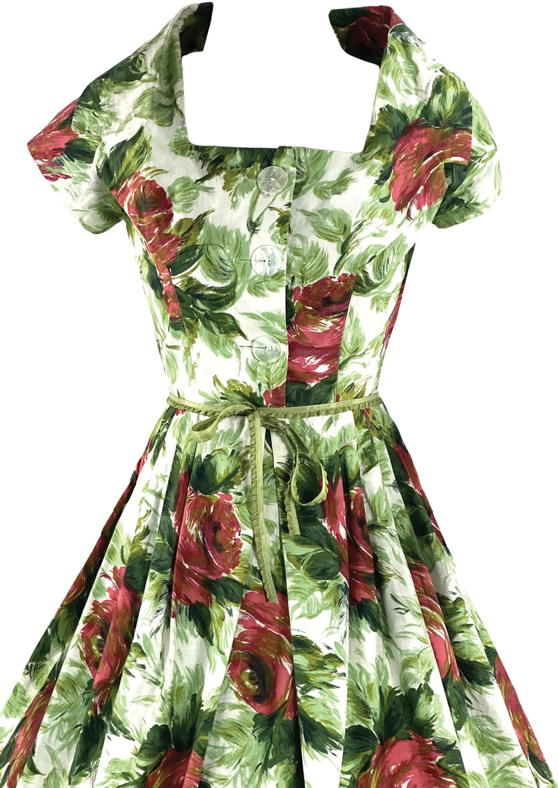 Vintage 1950s Large Red Roses with Green Leaves Dress - NEW!