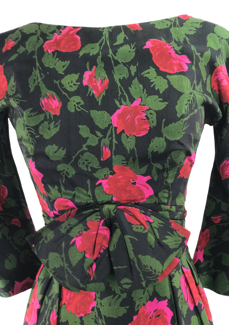 Original 1950s Pink Roses on Black Silk Dress - New!