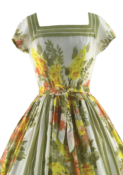 1950s Yellow and Green Floral Jerry Gilden Dress - New!