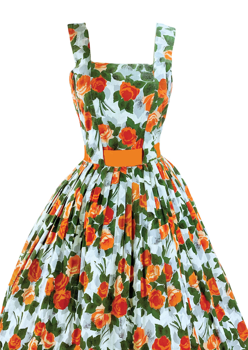 Vintage 1950s Tangerine Roses Cotton Dress- New!