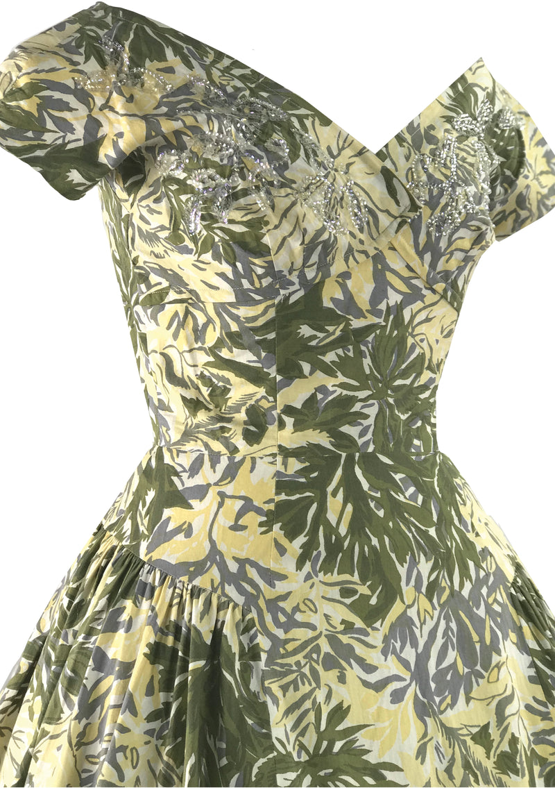 Elegant 1950s Leaf Print Cotton Dress - New! (On hold)