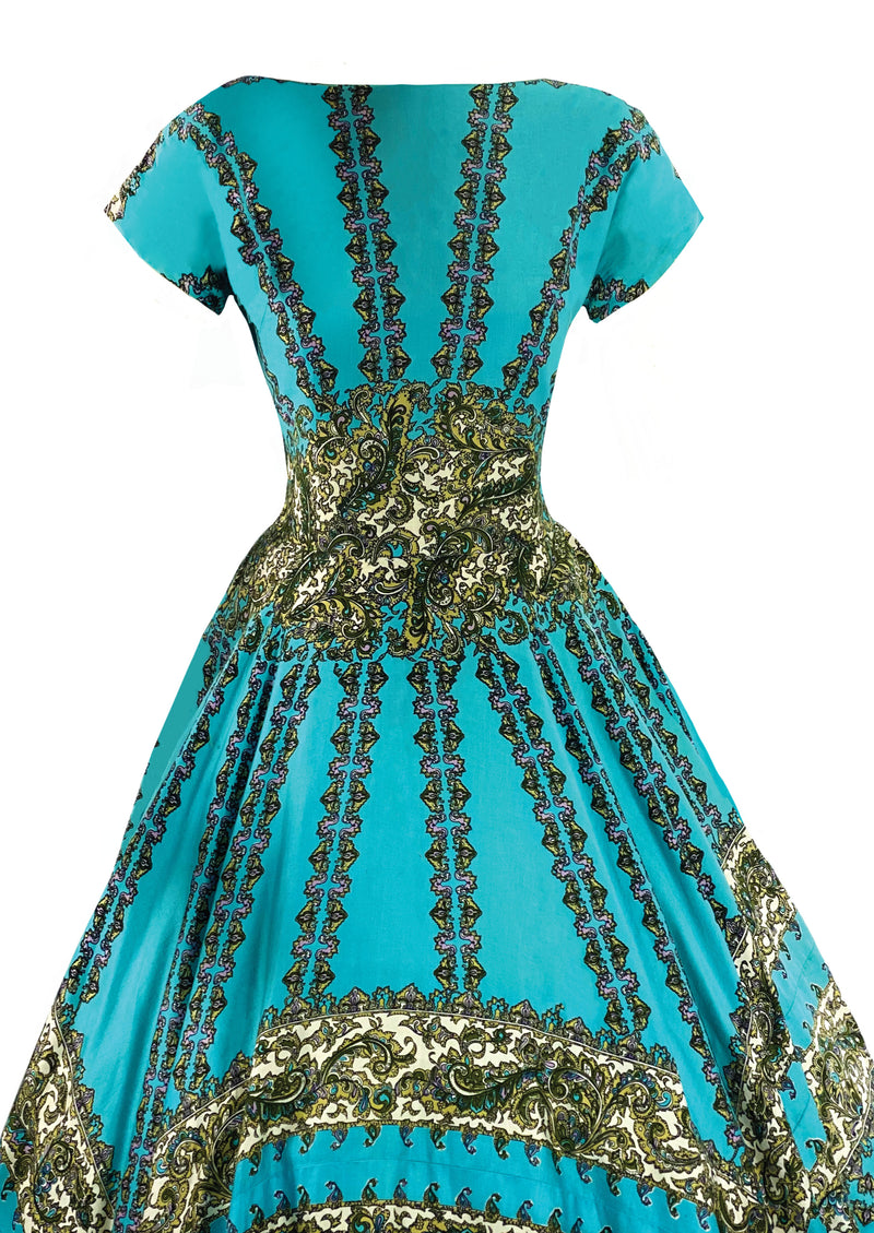 Vintage 1950s Italian Designer Turquoise Blue Cottob Dress- New!