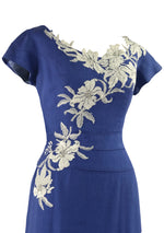 Vintage 1950s Designer Cobalt Blue Linen Dress- New!