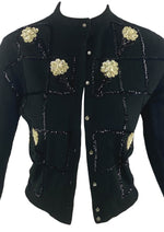Vintage 1950s Black Cardigan with Cream Sequins- New! ON HOLD