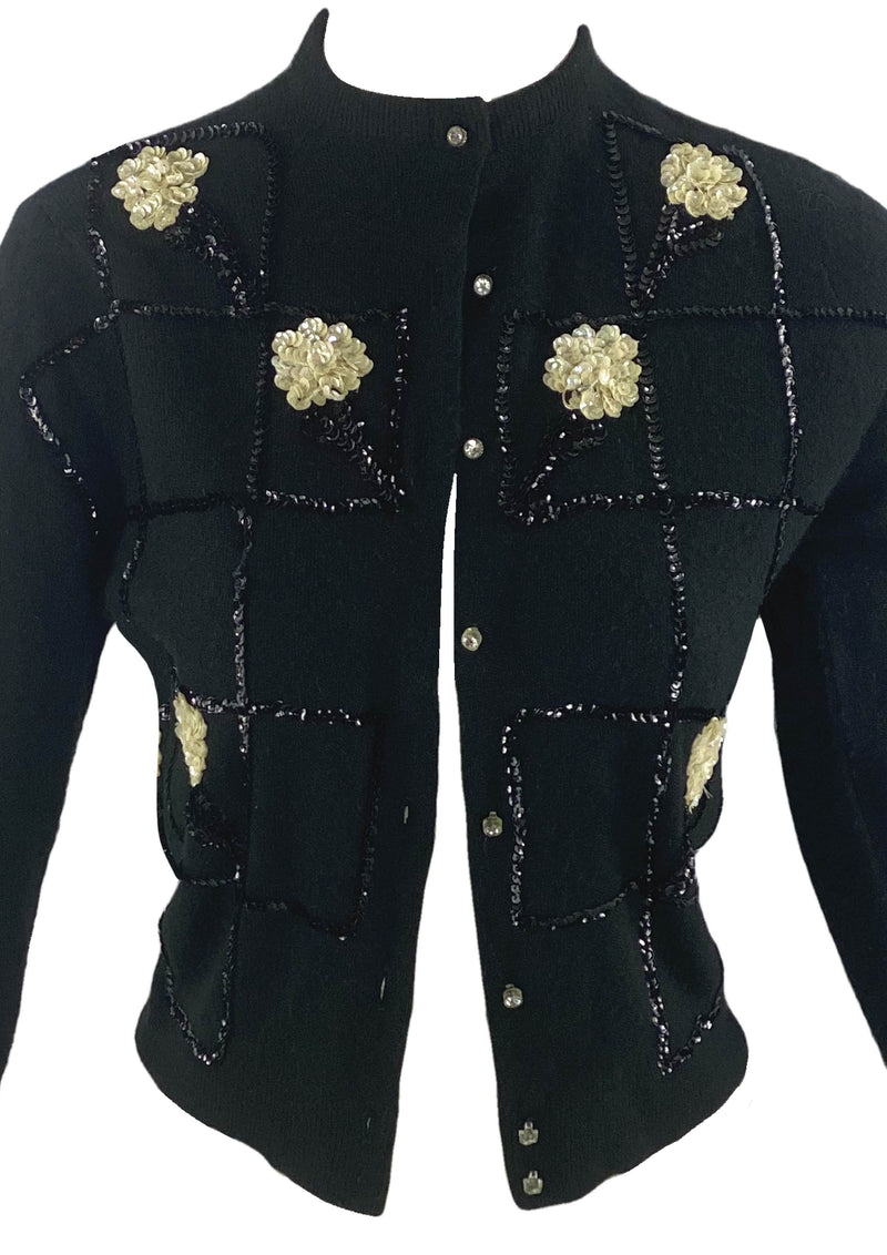 Vintage 1950s Black Cardigan with Cream Sequins- New! ON HOLD