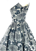 Stylish 1950s Strapless Gray Floral Cotton Cocktail Dress- New!