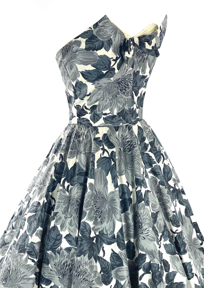 Stylish 1950s Strapless Gray Floral Cotton Cocktail Dress- New!