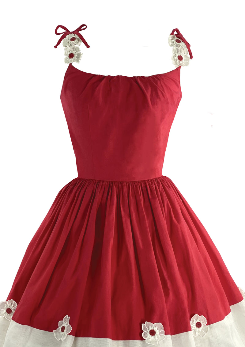 Gorgeous 1950 Red Cotton Sundress with Daisy Appliques - New!