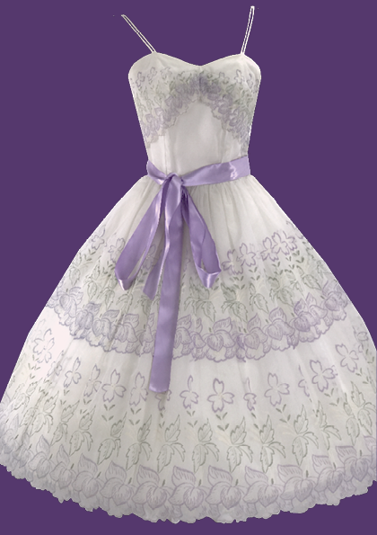1950s Lilac & Green Embroidered Chiffon Party Dress - New!